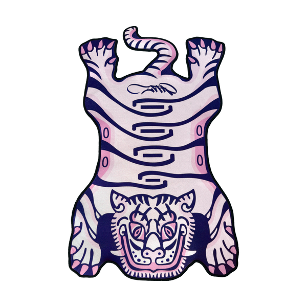 Purple Tuned Tiger rug laid flat on a black background